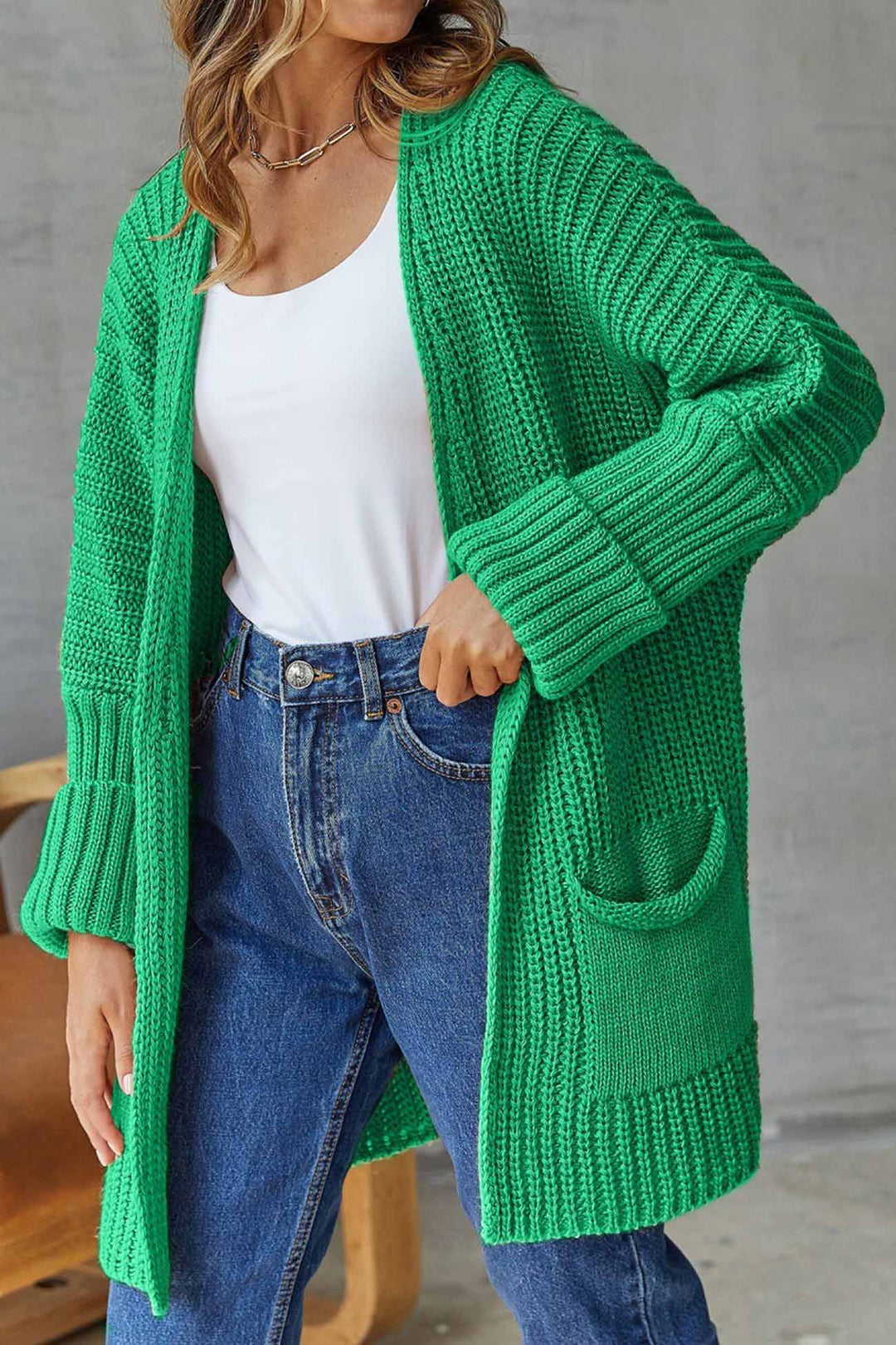 Solid Open Front Long Cardigan Green · S