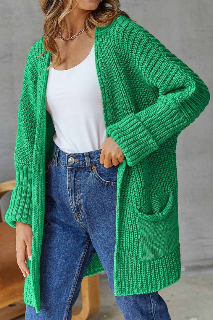 Solid Open Front Long Cardigan Green · S