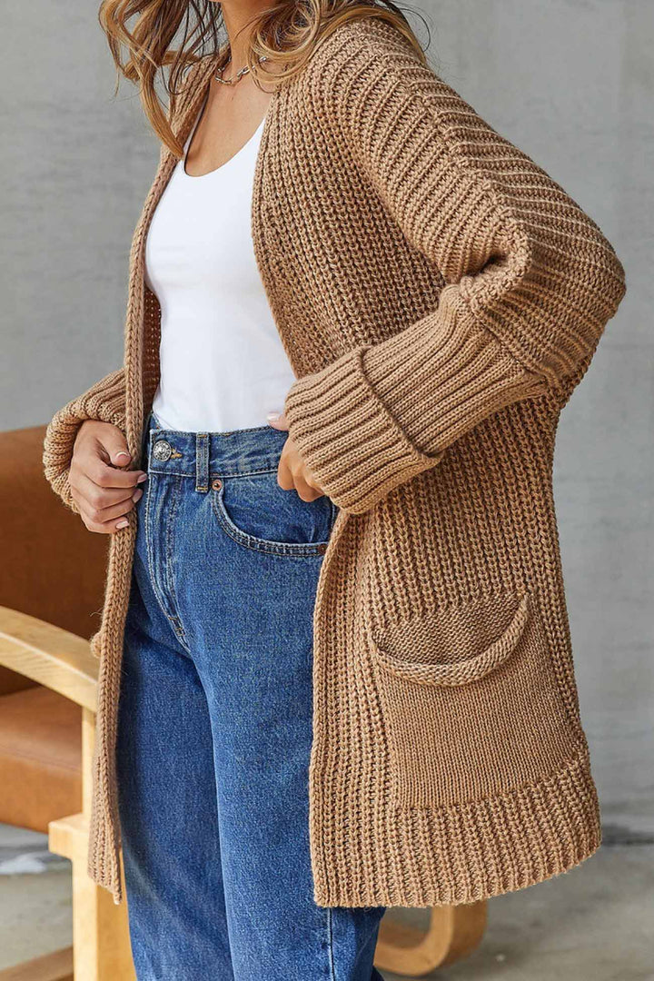Solid Open Front Long Cardigan Camel · S
