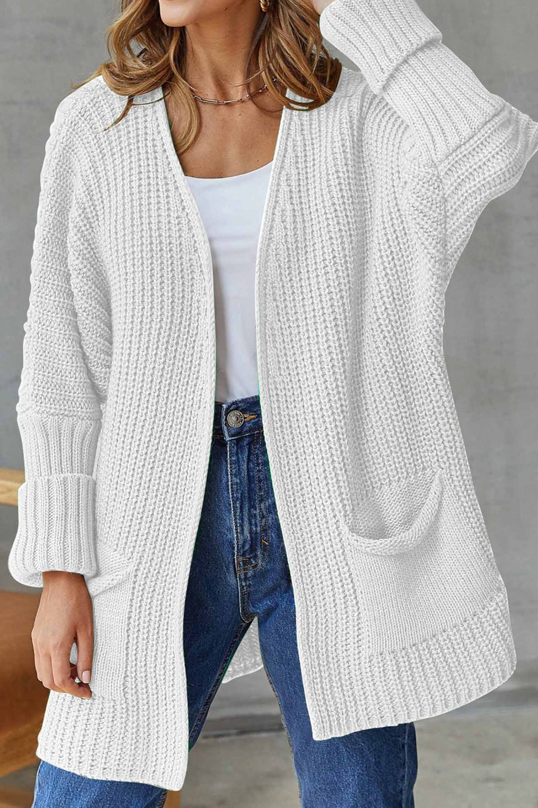Solid Open Front Long Cardigan Blue · M