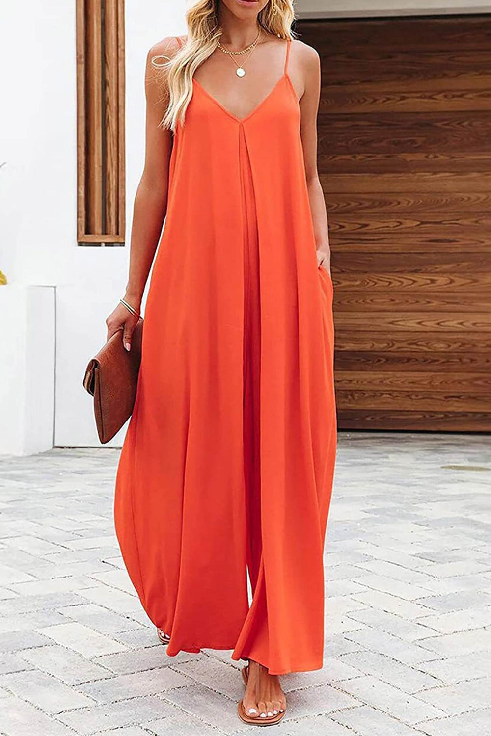 Solid Pocketed Wide Leg Cami Jumpsuits Orange · M