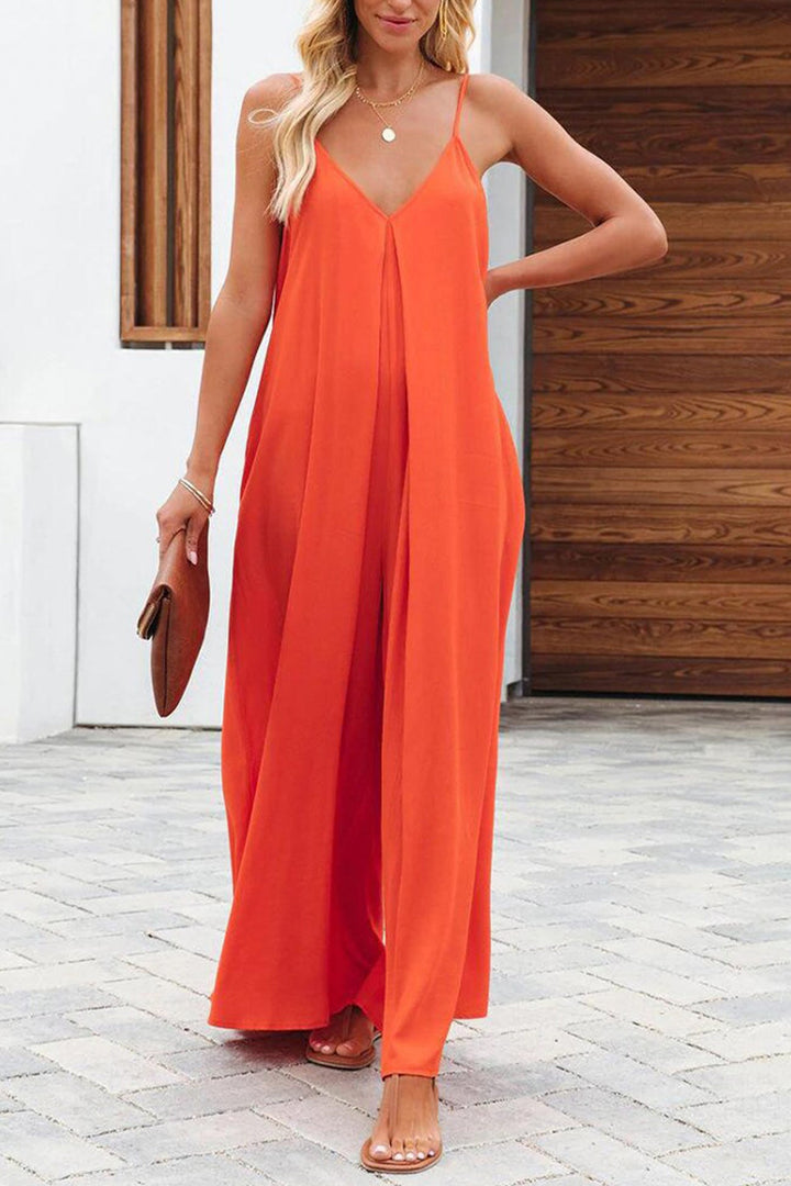 Solid Pocketed Wide Leg Cami Jumpsuits Orange · L