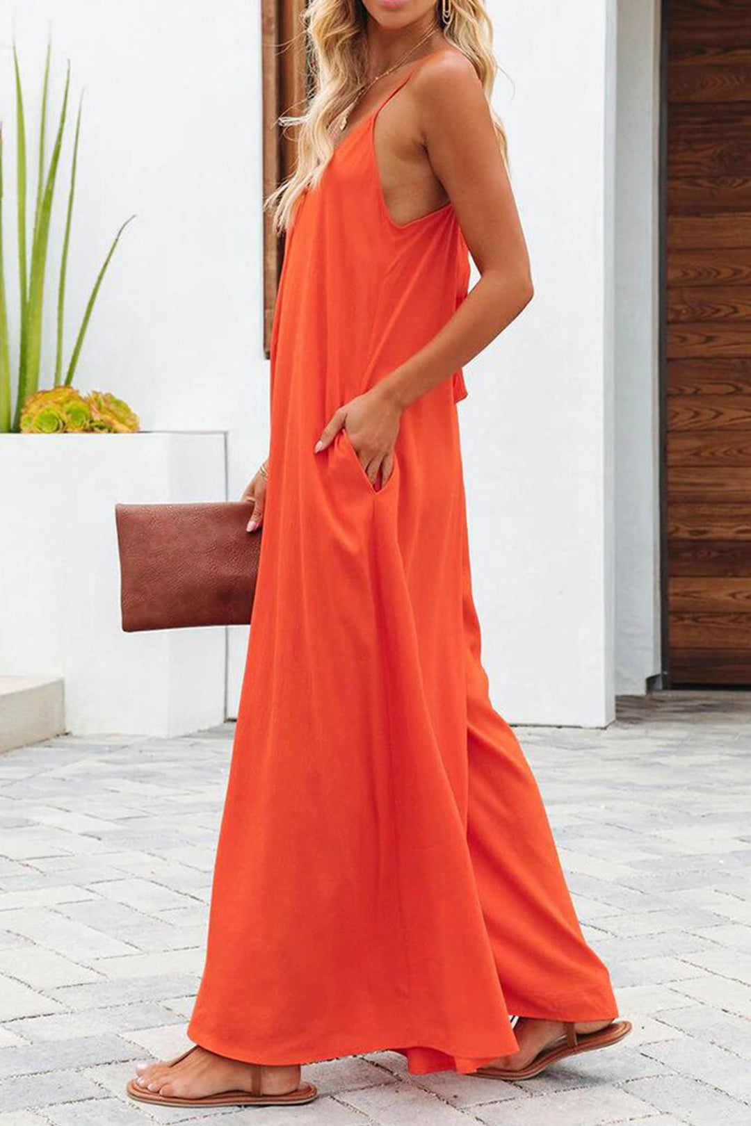 Solid Pocketed Wide Leg Cami Jumpsuits Orange · S