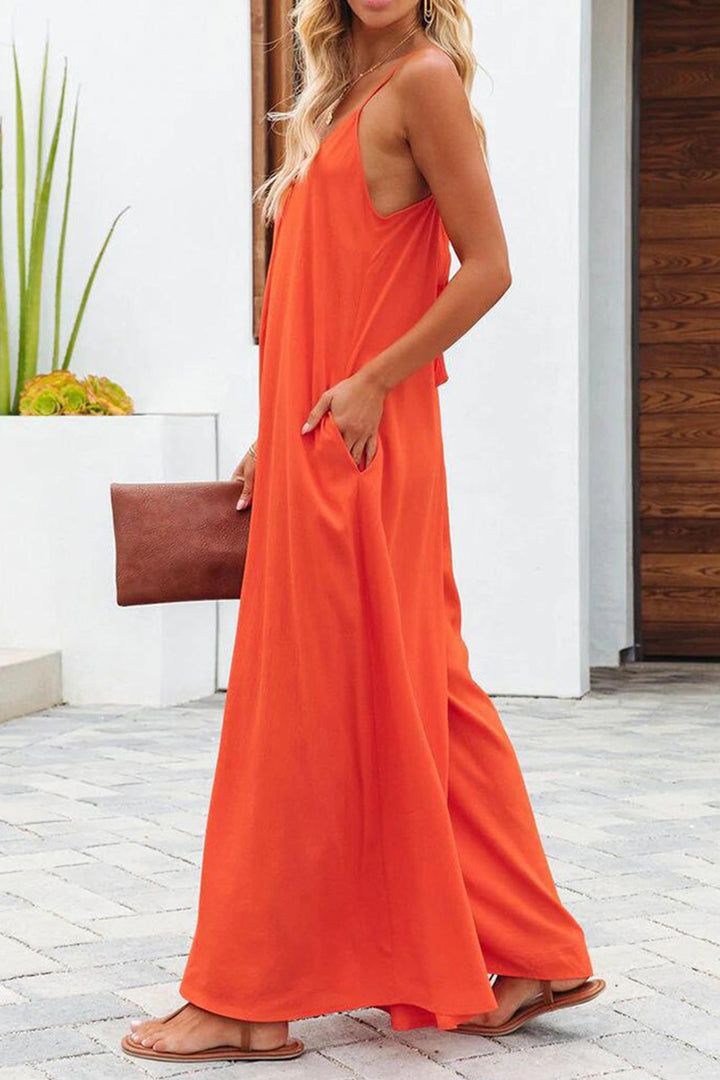 Solid Pocketed Wide Leg Cami Jumpsuits Orange · S