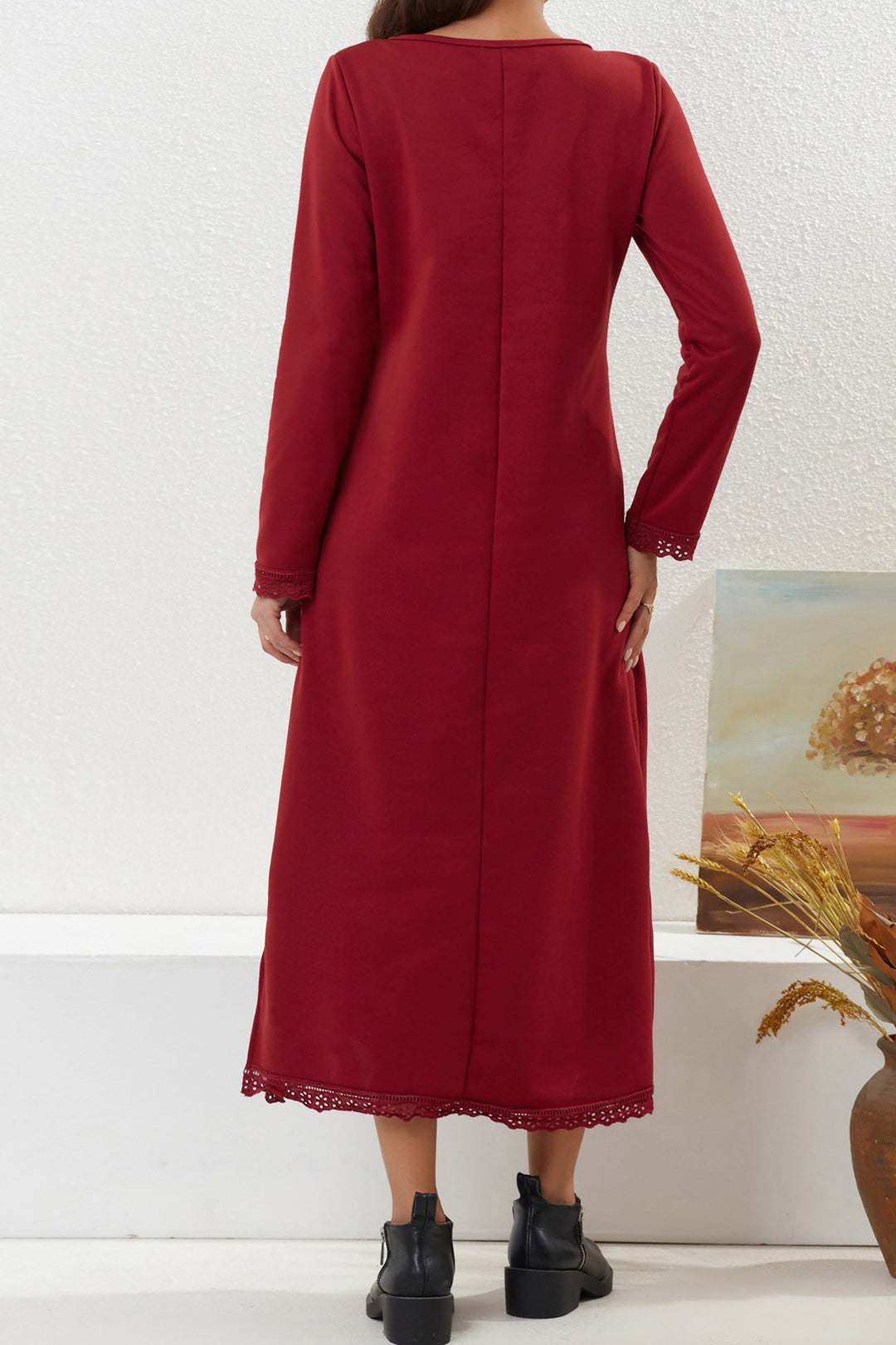 Solid Pocketed Lacework Hem Dress Dark Grey · L