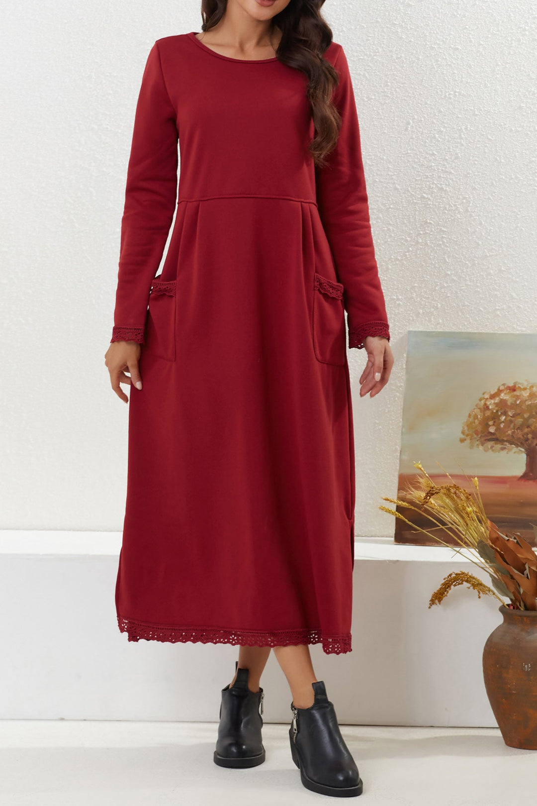 Solid Pocketed Lacework Hem Dress Light Grey · 5XL