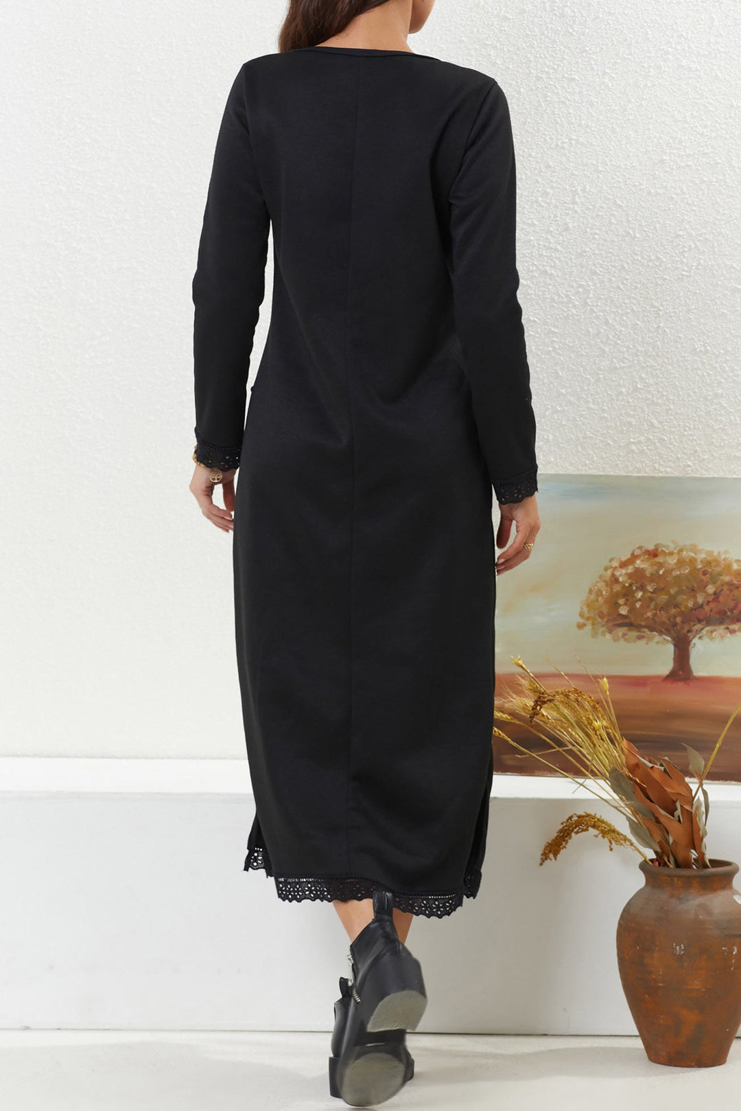 Solid Pocketed Lacework Hem Dress Red · L