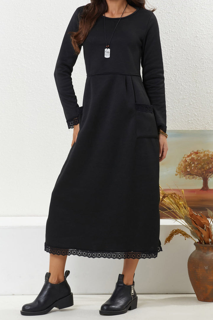 Solid Pocketed Lacework Hem Dress Dark Grey · 5XL