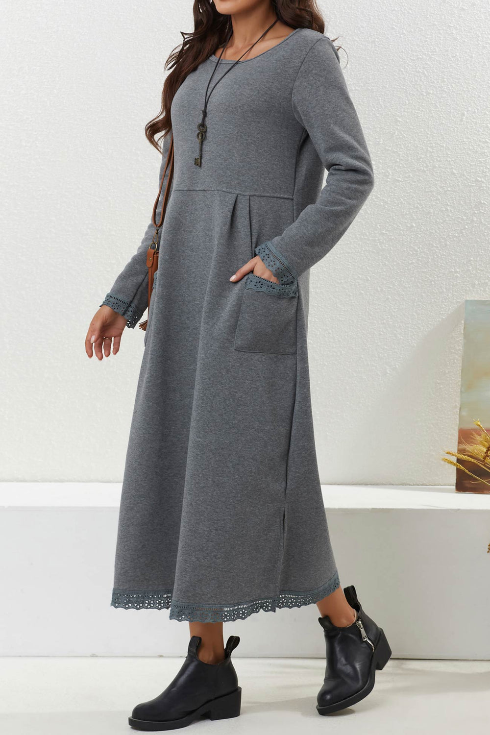 Solid Pocketed Lacework Hem Dress Light Grey · M