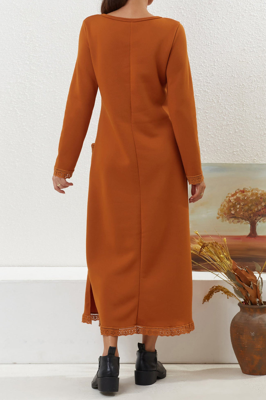 Solid Pocketed Lacework Hem Dress Dark Grey · 4XL