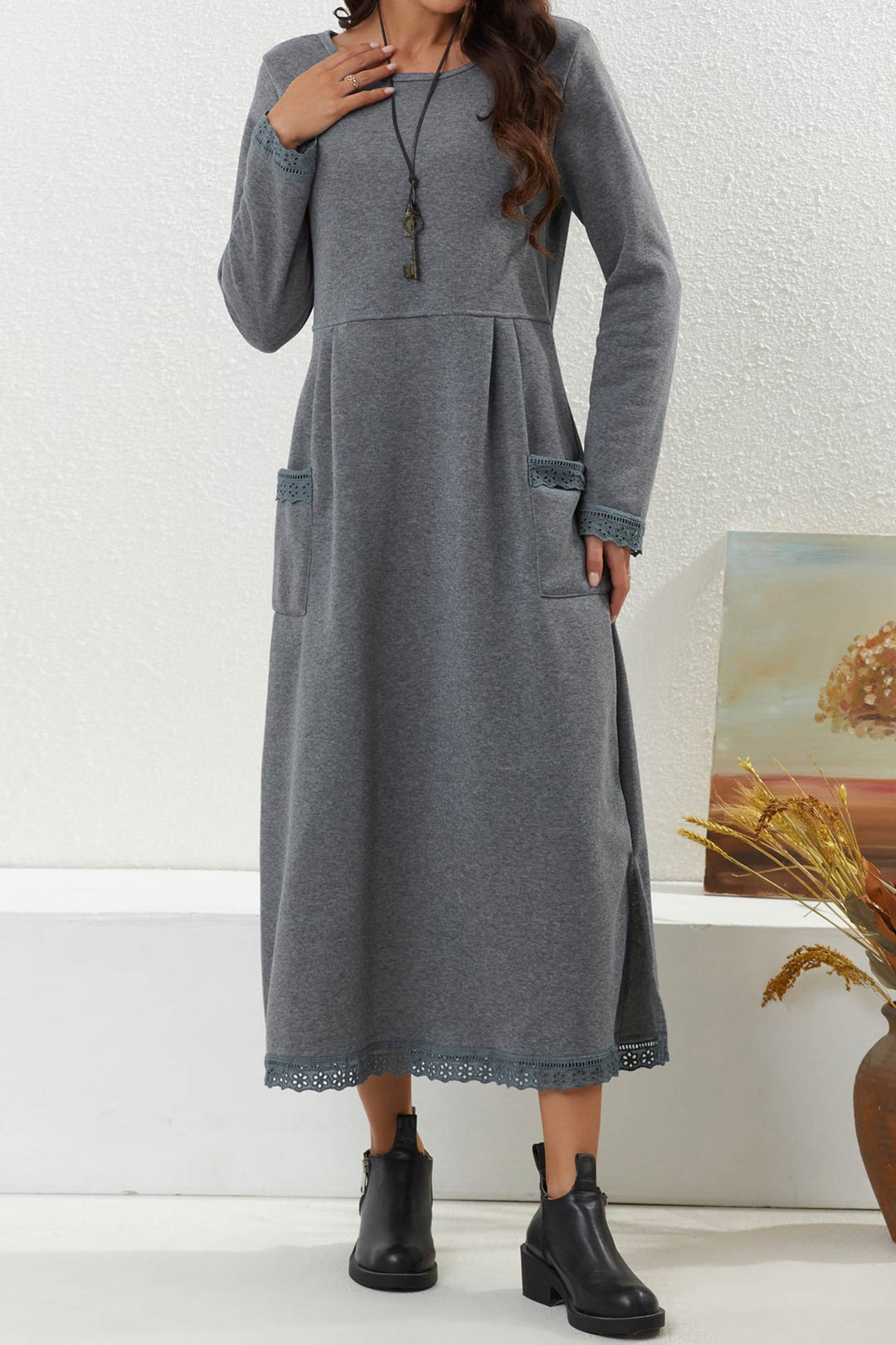 Solid Pocketed Lacework Hem Dress Light Grey · S