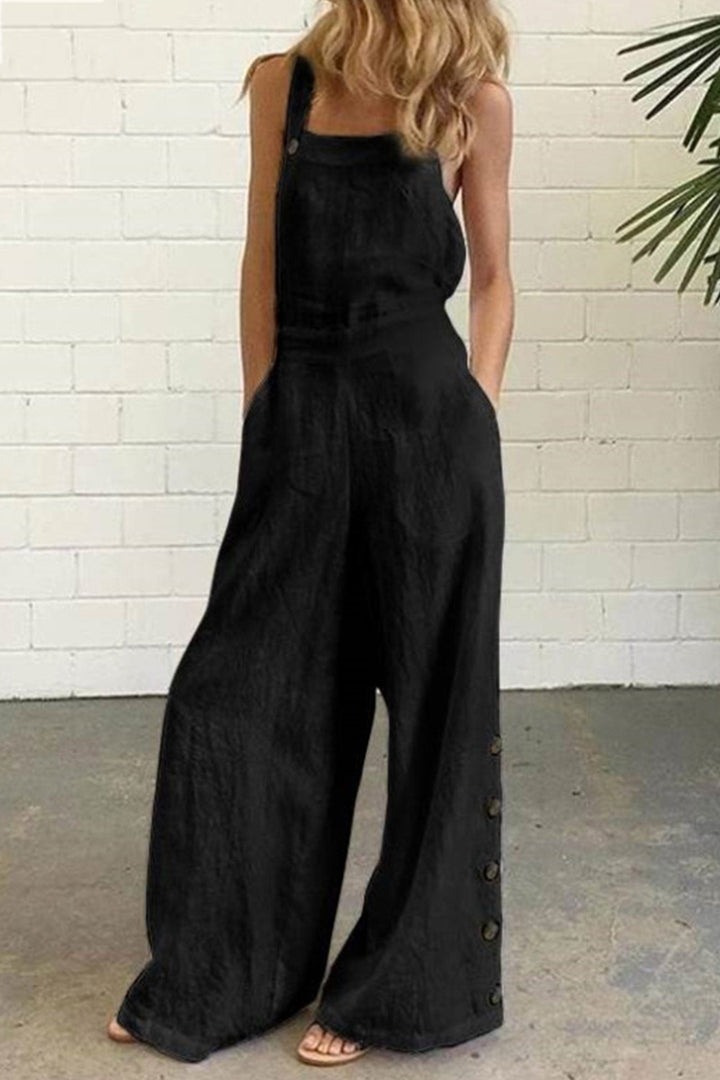 Solid Pocketed Single-breasted Slit Overalls White · XL