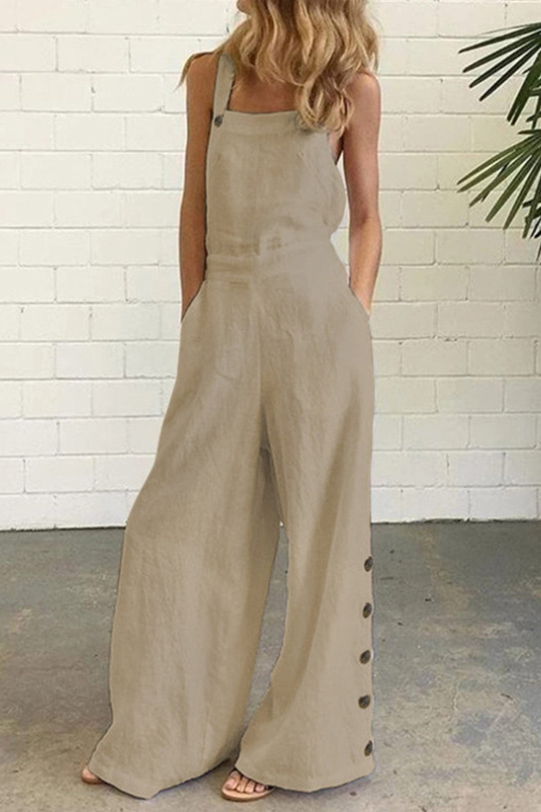 Solid Pocketed Single-breasted Slit Overalls White · M