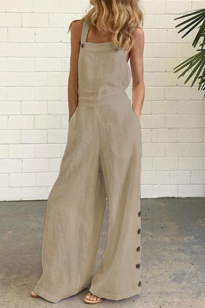 Solid Pocketed Single-breasted Slit Overalls White · M