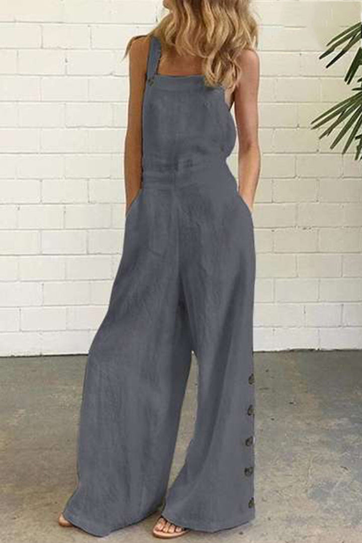 Solid Pocketed Single-breasted Slit Overalls White · S