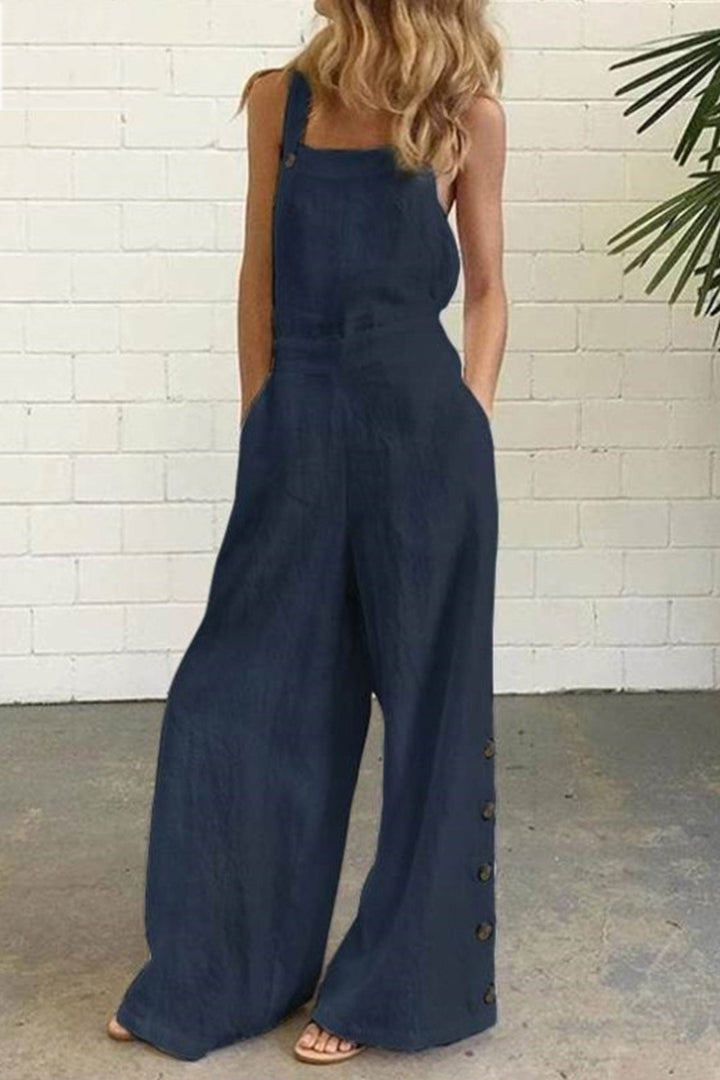 Solid Pocketed Single-breasted Slit Overalls White · 2XL