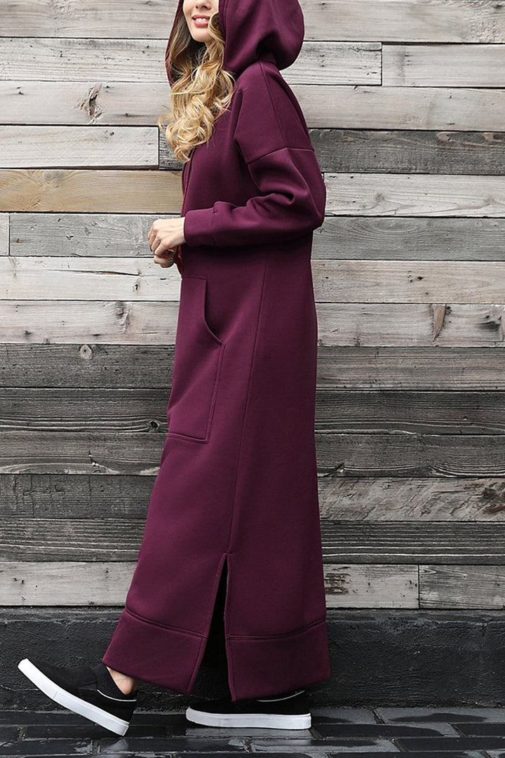 Solid Pocketed Slit Hem Hoodie Dress Wine Red · S