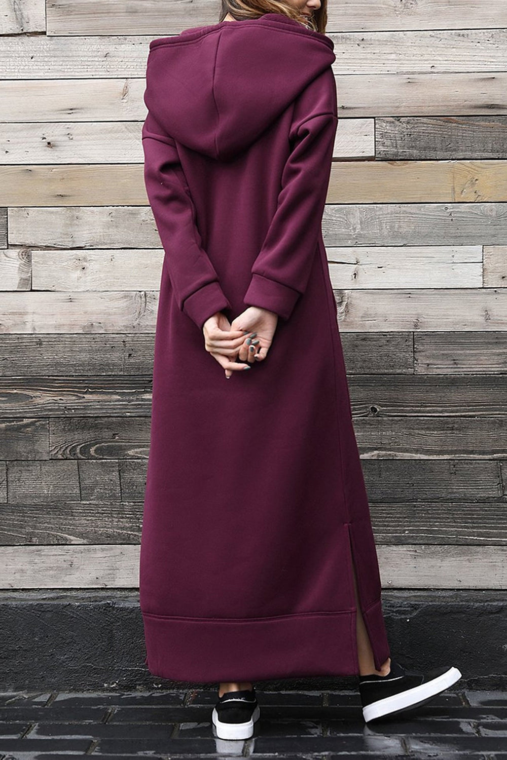 Solid Pocketed Slit Hem Hoodie Dress Wine Red · M