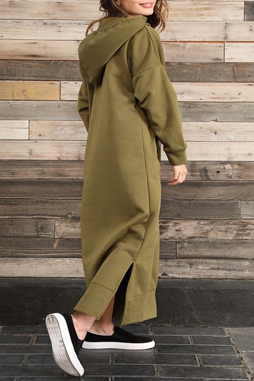 Solid Pocketed Slit Hem Hoodie Dress Light Grey · L