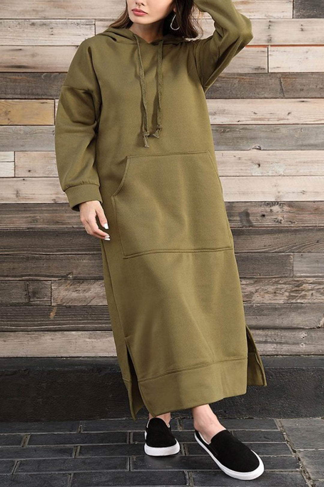 Solid Pocketed Slit Hem Hoodie Dress Light Grey · M