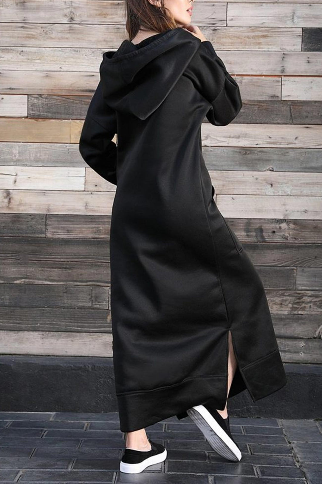 Solid Pocketed Slit Hem Hoodie Dress Dark Grey · S
