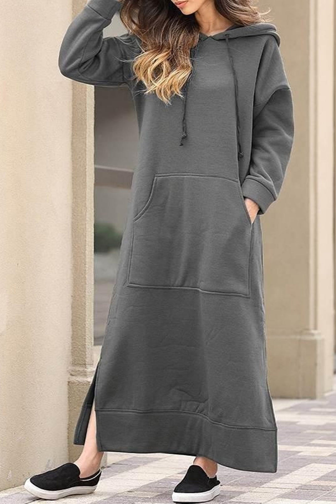 Solid Pocketed Slit Hem Hoodie Dress Wine Red · L