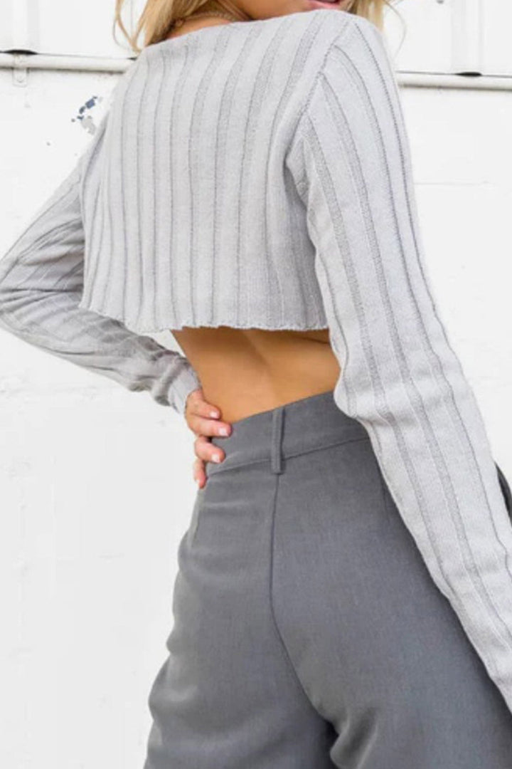 Solid Ribbed Crew Neck Cropped Sweater Grey · S