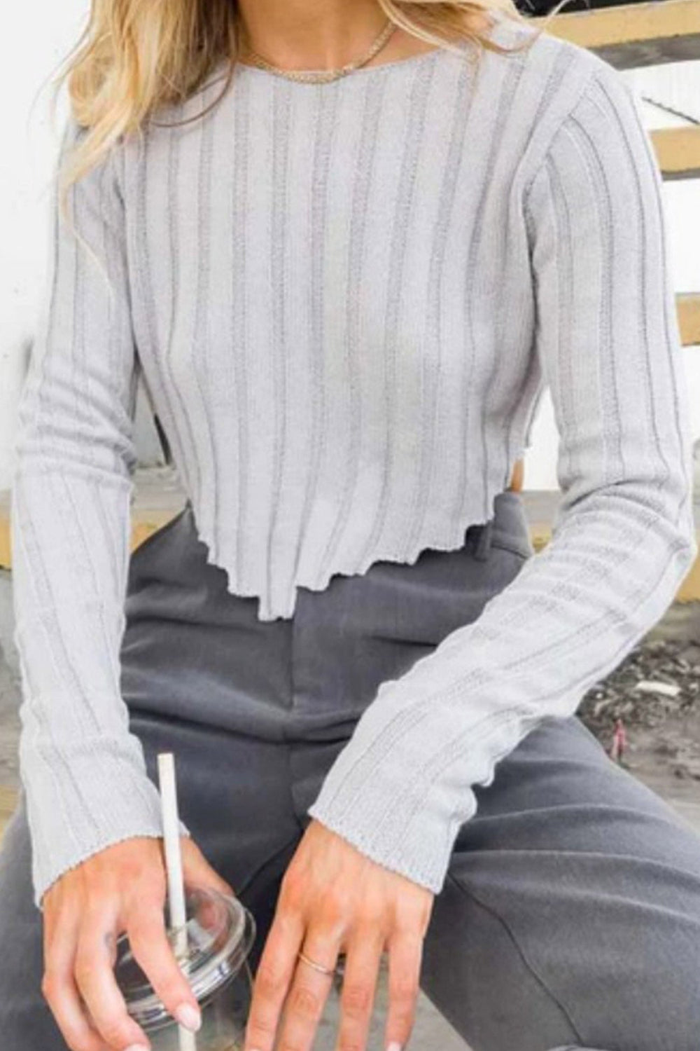Solid Ribbed Crew Neck Cropped Sweater White · M