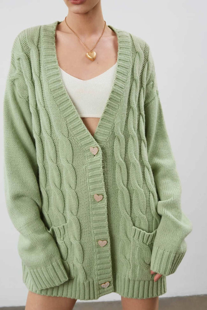 Solid Single-breasted Cable Knit Cardigan Pink · S