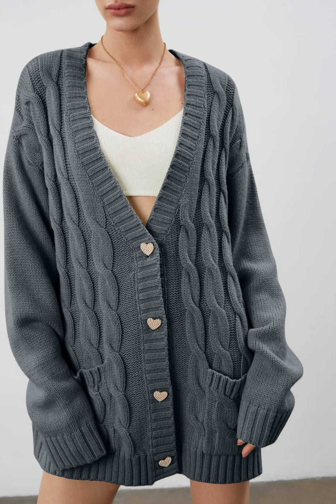 Solid Single-breasted Cable Knit Cardigan Green · S