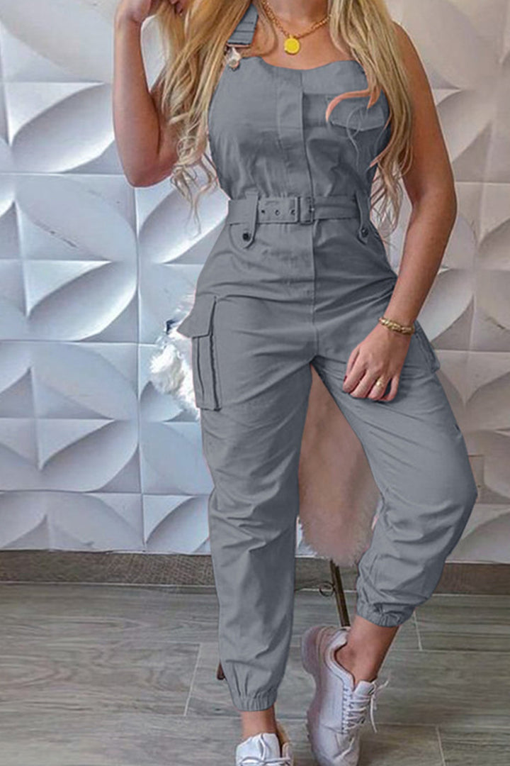 Solid Sleeveless Belted Cargo Jumpsuits Pink · XL