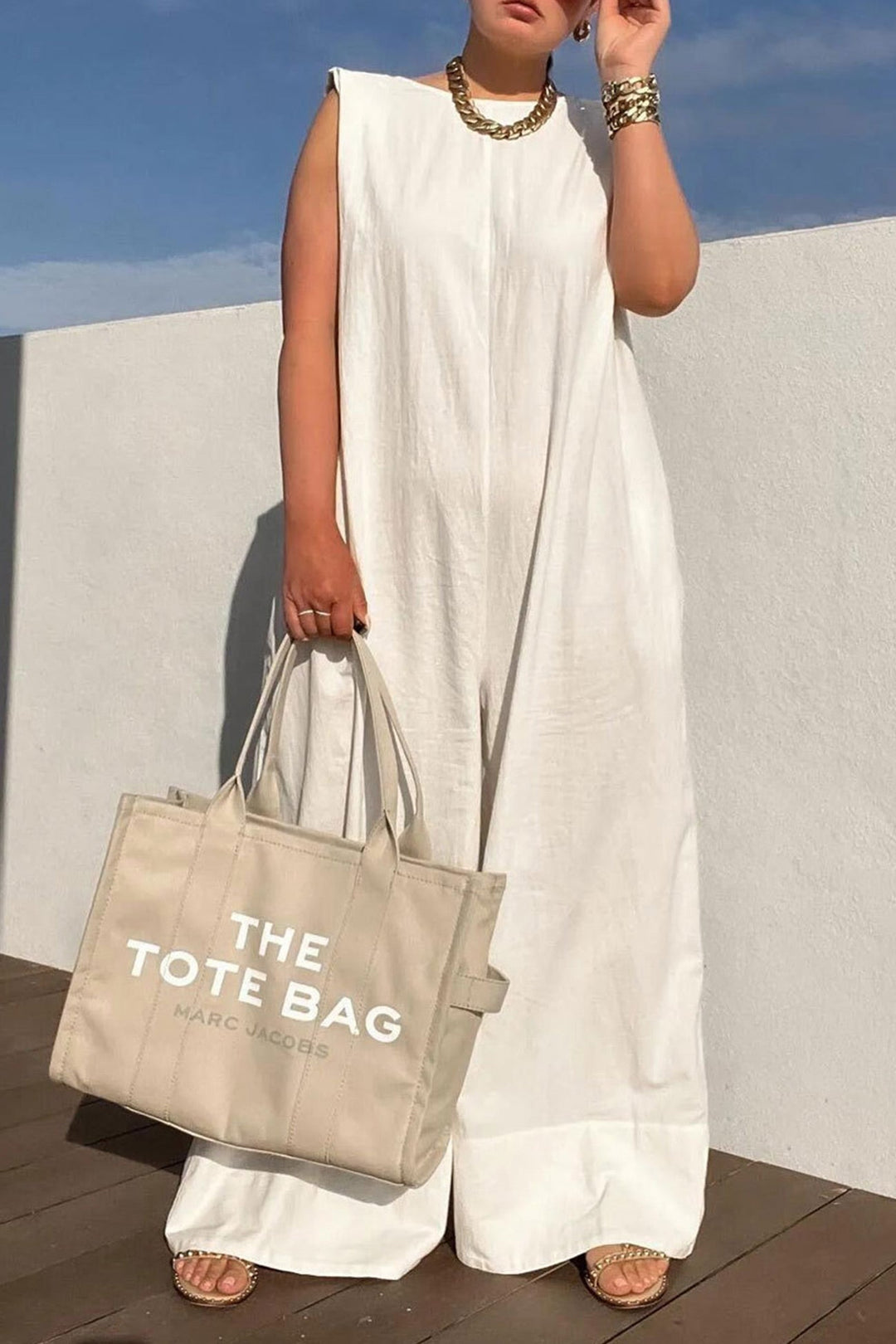Solid Sleeveless Wide Leg Jumpsuits White · M