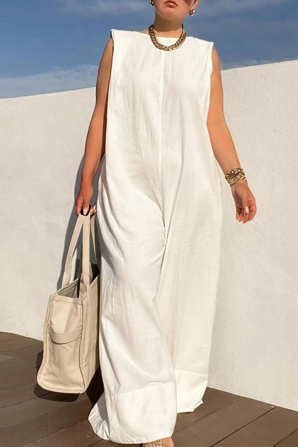 Solid Sleeveless Wide Leg Jumpsuits White · L