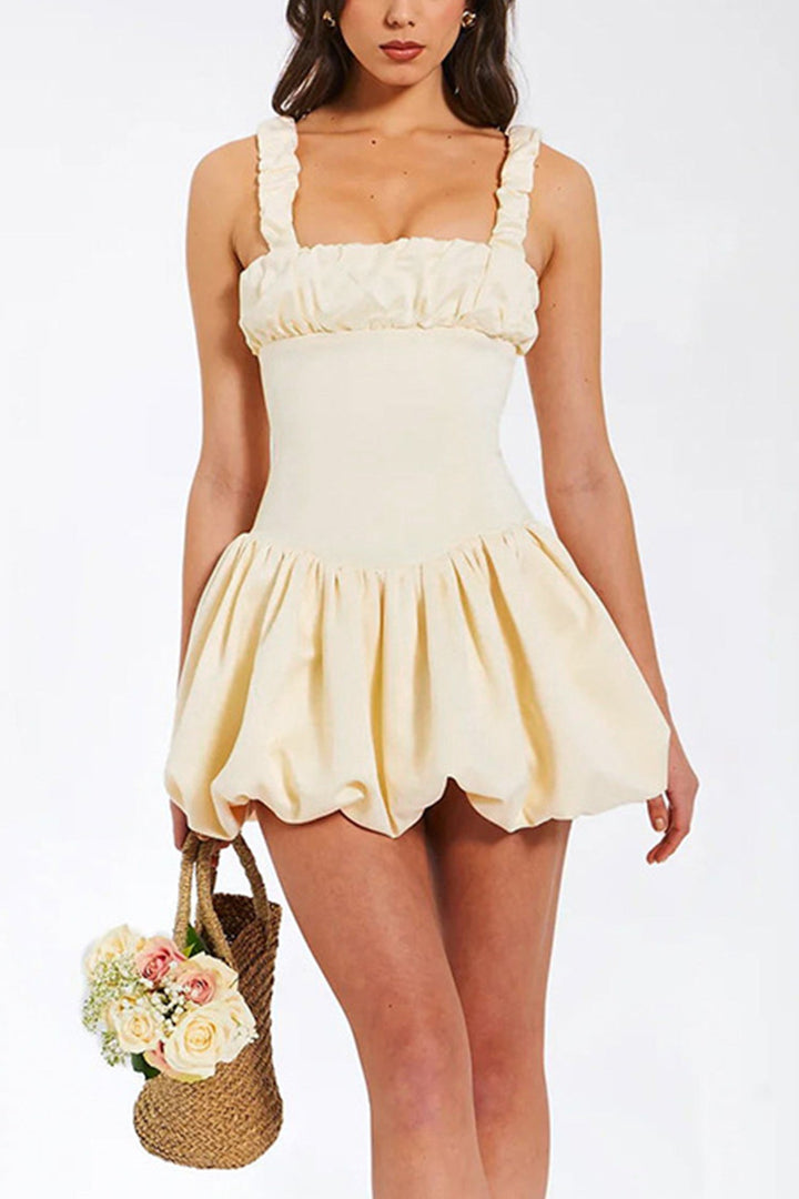 Solid Square Neck Corset Tutu Mini Dress Yellow · L