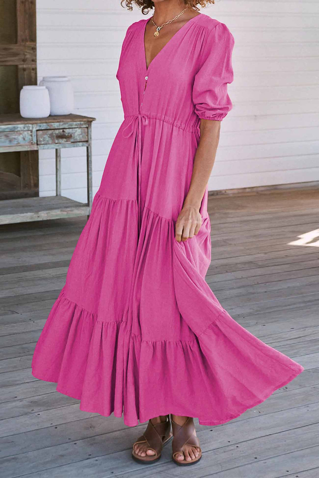 Solid Button Down Tiered Half Sleeve Dress Rose · M