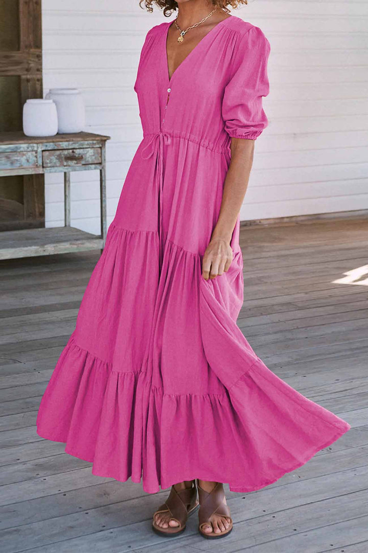Solid Button Down Tiered Half Sleeve Dress Rose · M