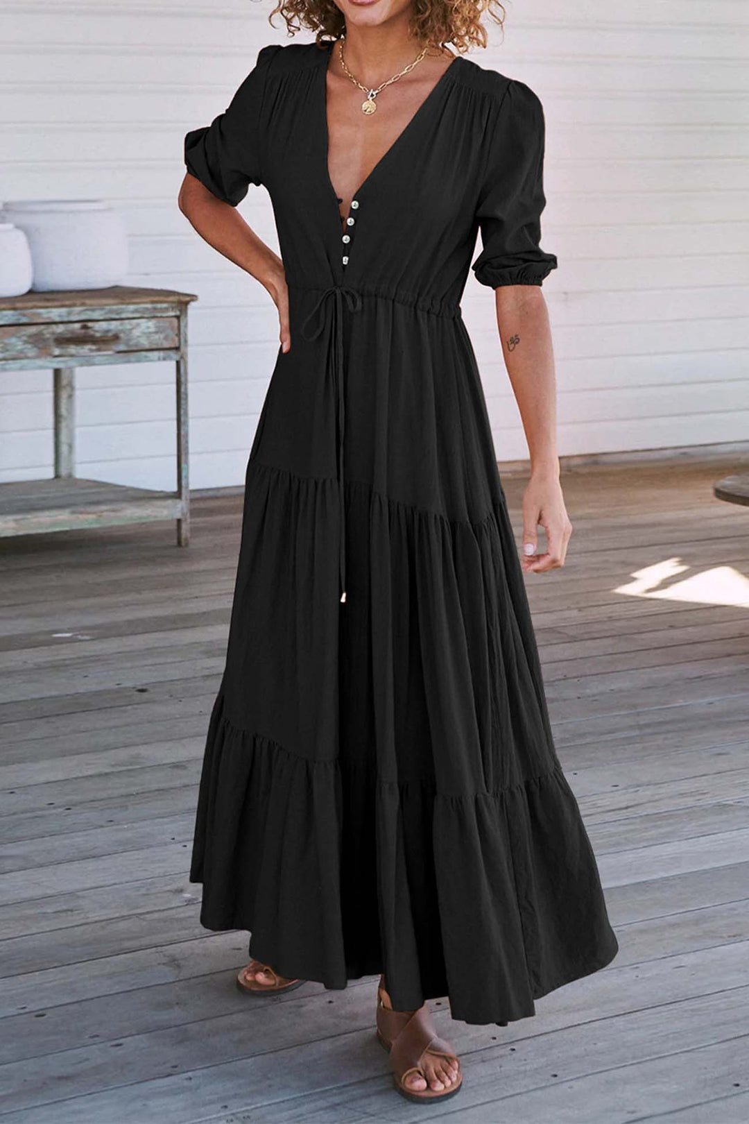Solid Button Down Tiered Half Sleeve Dress Black · S