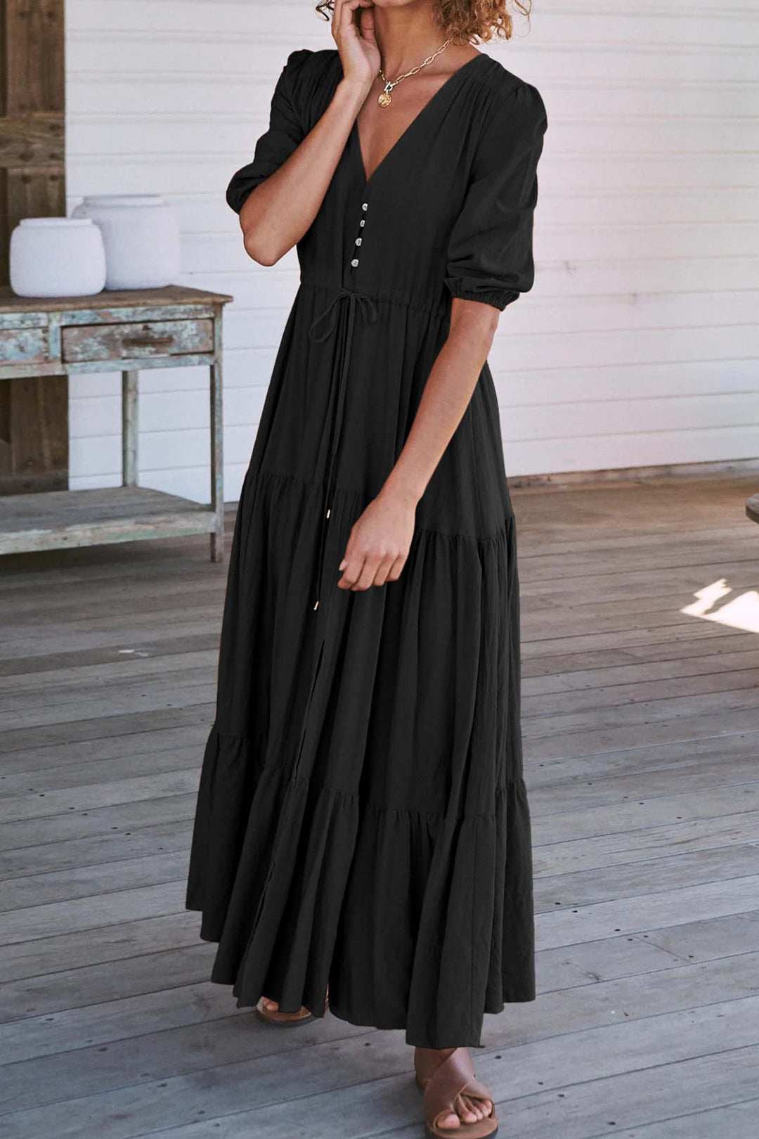 Solid Button Down Tiered Half Sleeve Dress Black · L