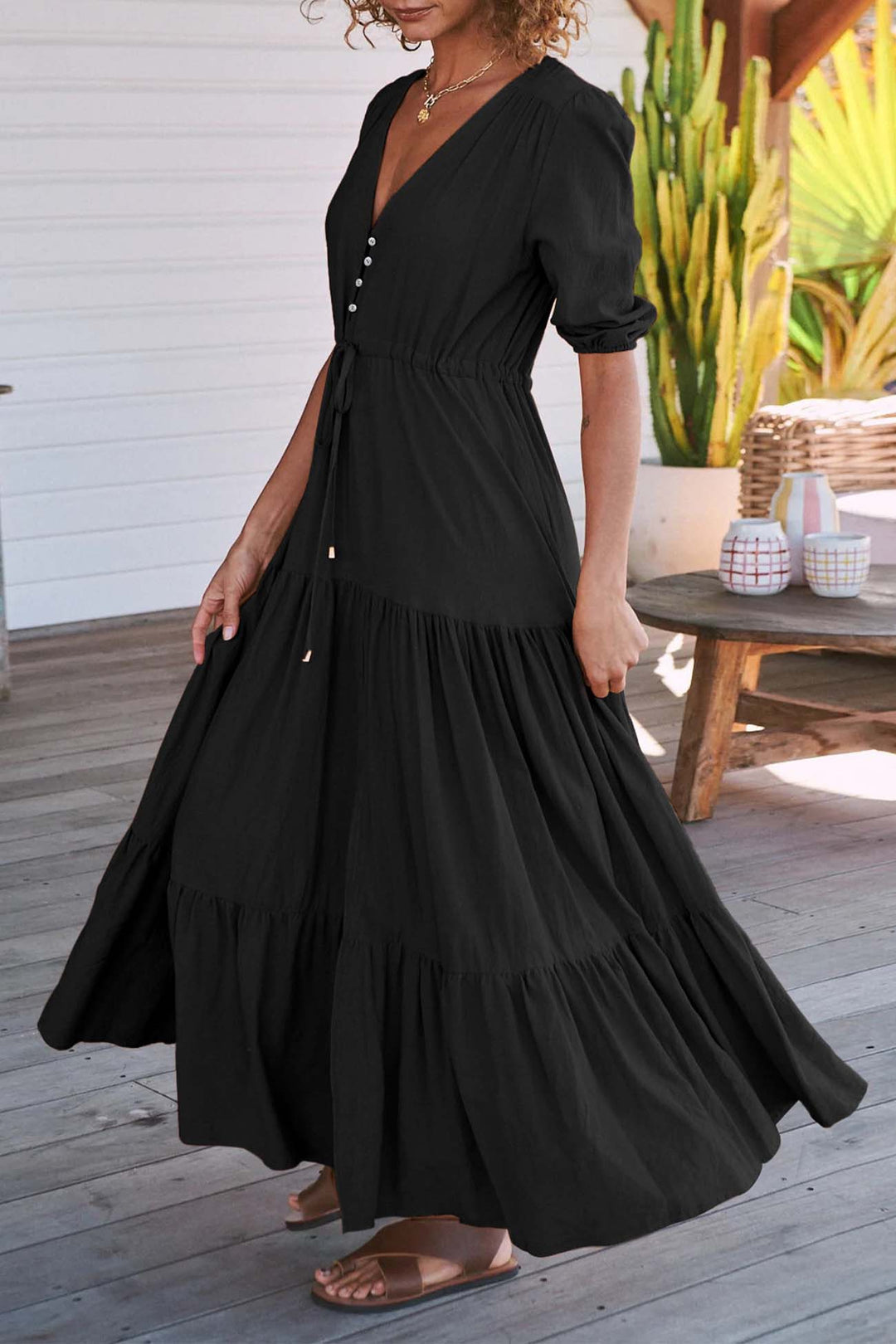 Solid Button Down Tiered Half Sleeve Dress Black · XL