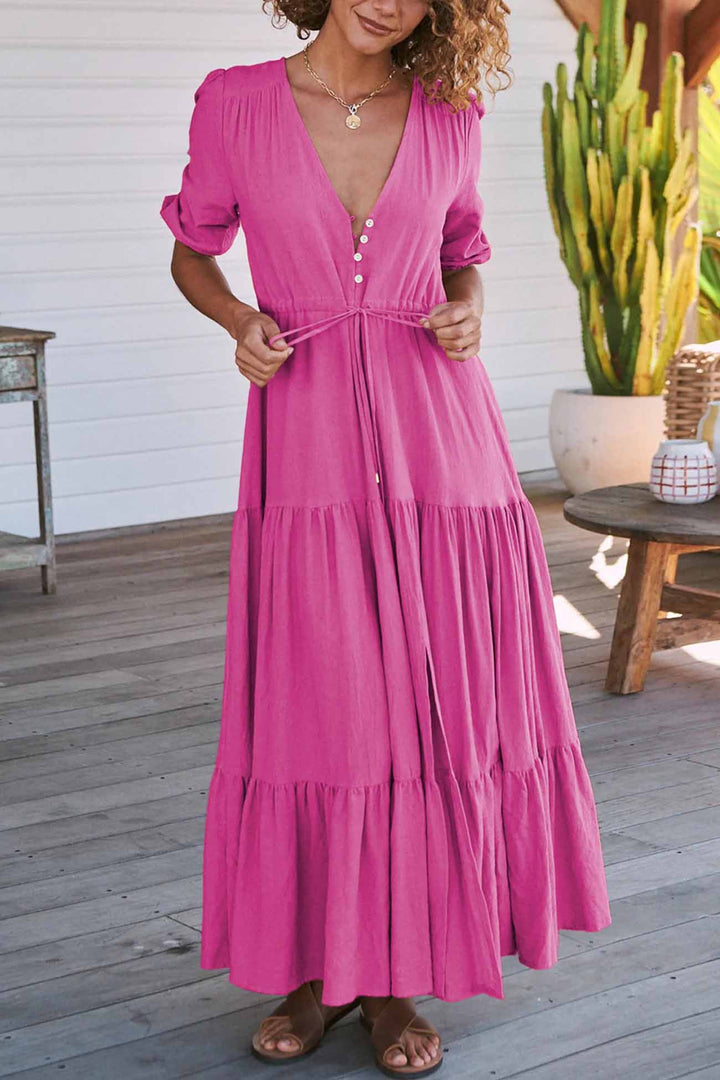 Solid Button Down Tiered Half Sleeve Dress Rose · L