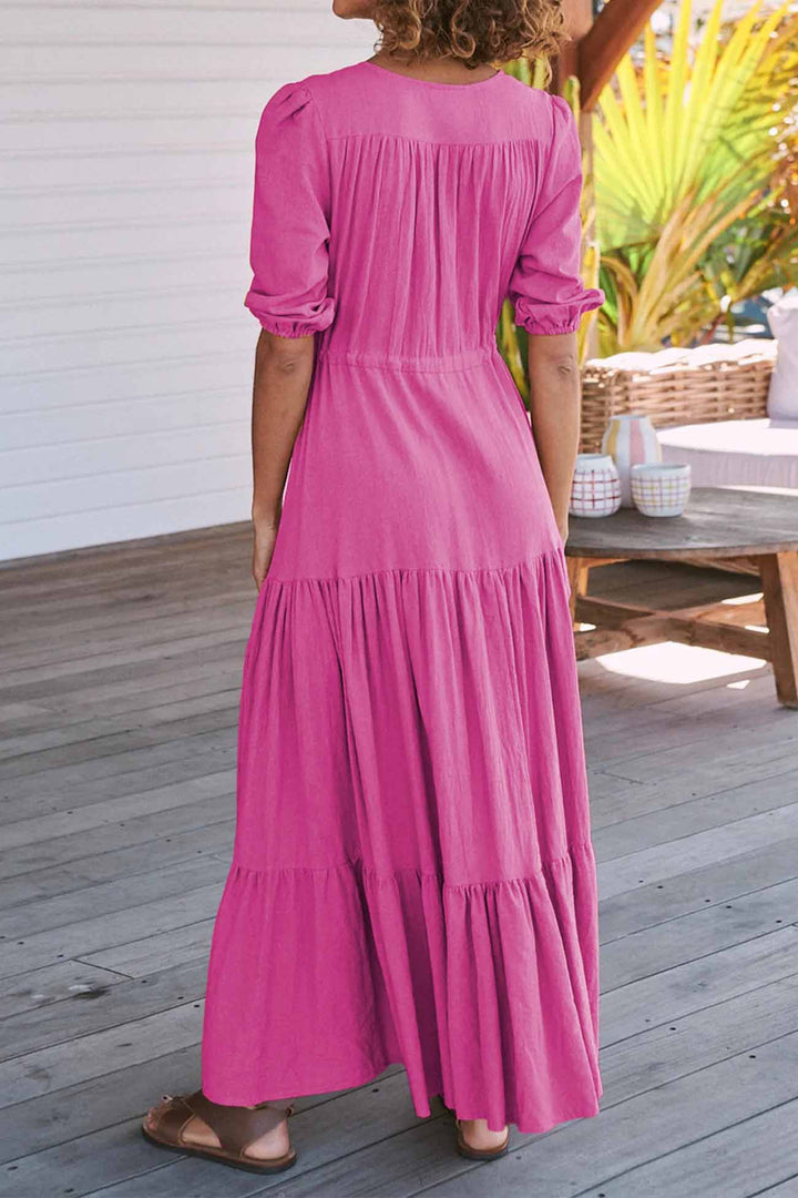 Solid Button Down Tiered Half Sleeve Dress Rose · S
