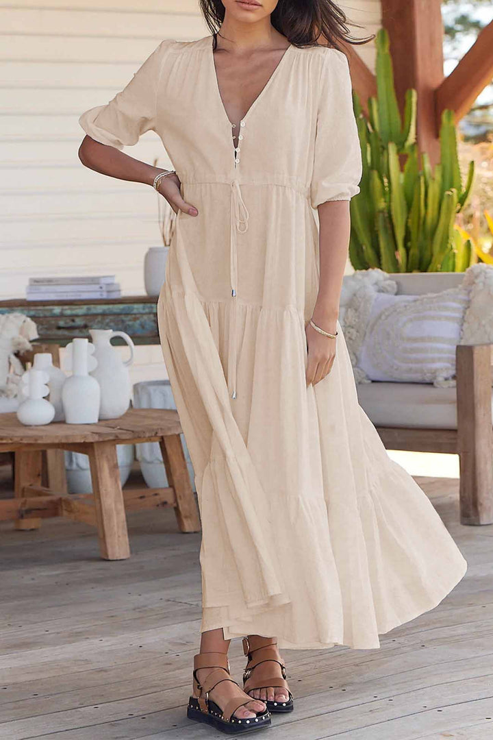 Solid Button Down Tiered Half Sleeve Dress Beige · L