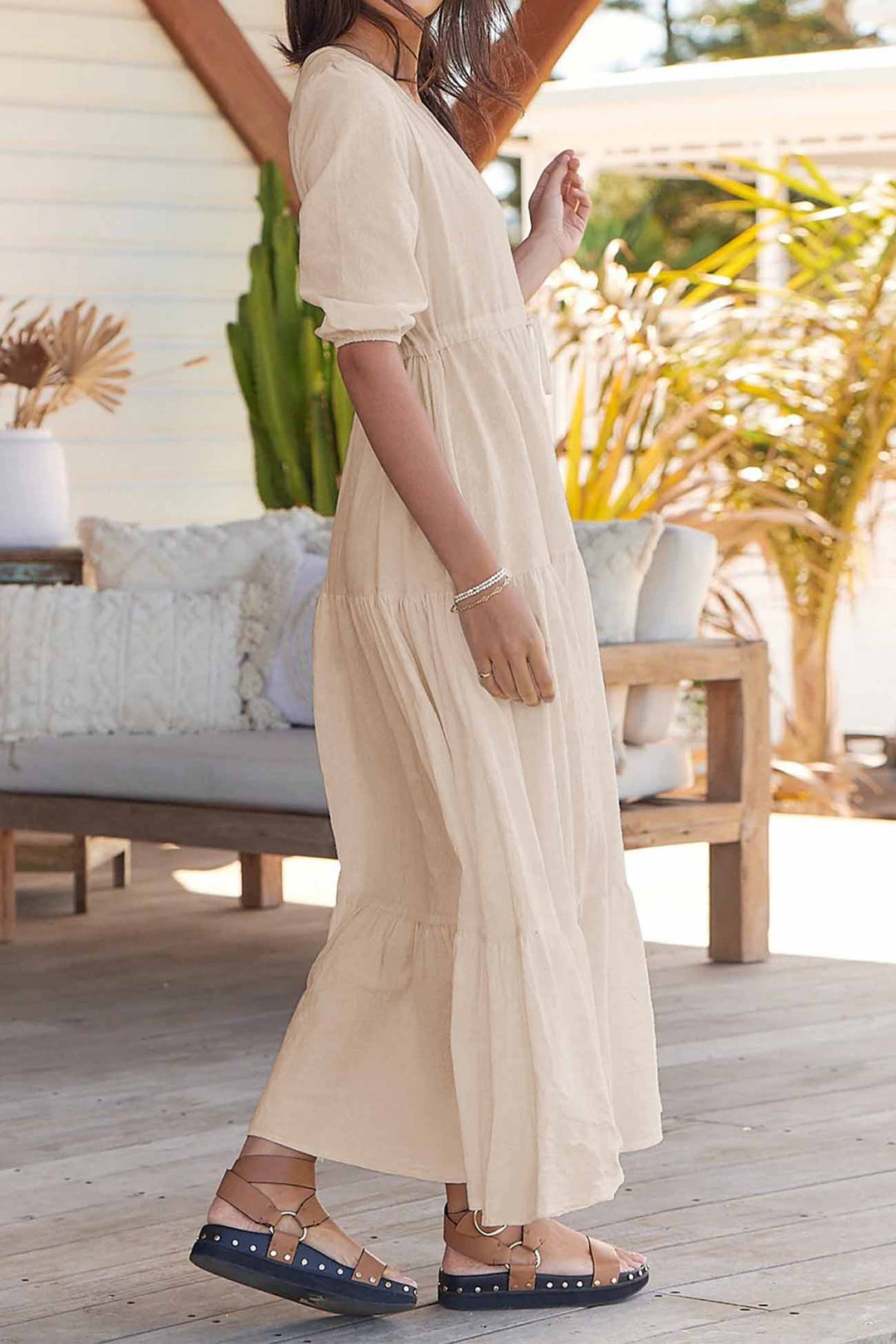 Solid Button Down Tiered Half Sleeve Dress Beige · XL