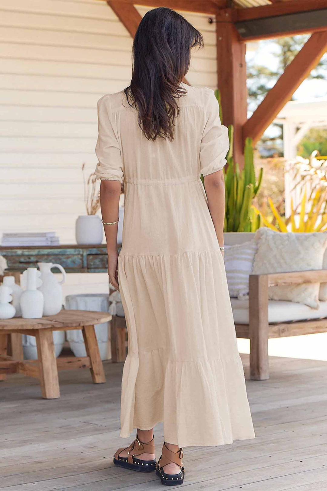 Solid Button Down Tiered Half Sleeve Dress Beige · M