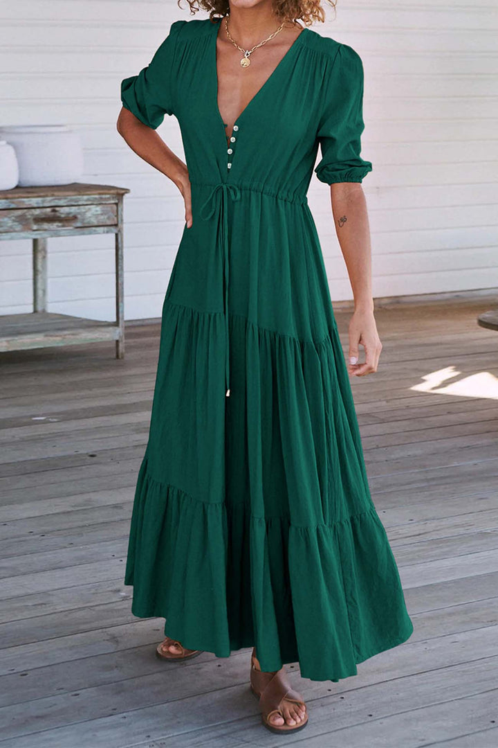 Solid Button Down Tiered Half Sleeve Dress Dark Green · L