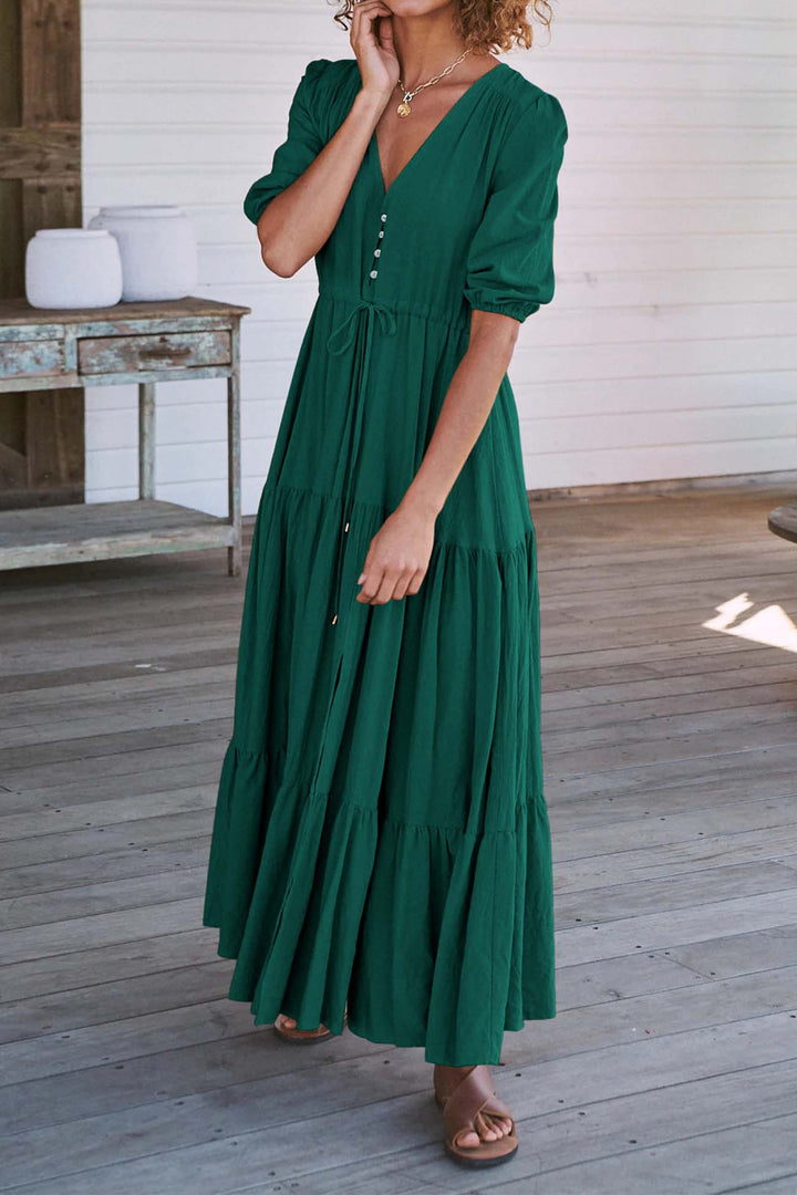 Solid Button Down Tiered Half Sleeve Dress Dark Green · S