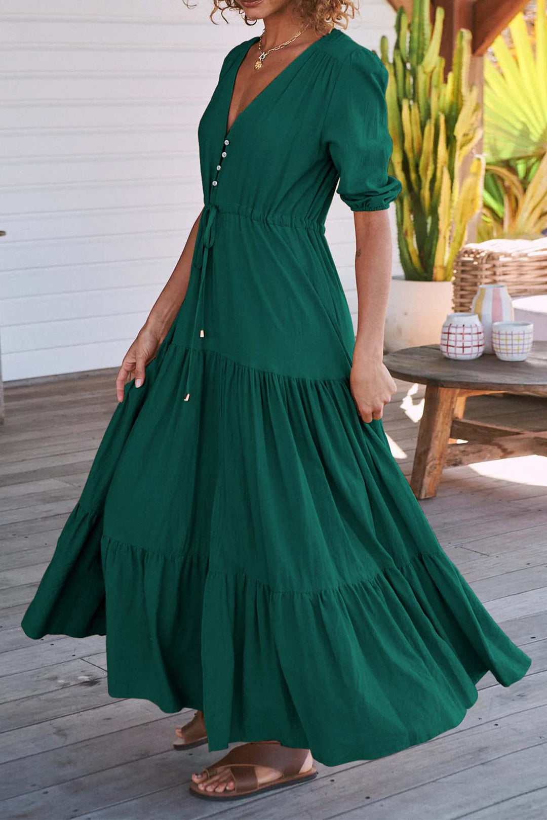 Solid Button Down Tiered Half Sleeve Dress Dark Green · XL
