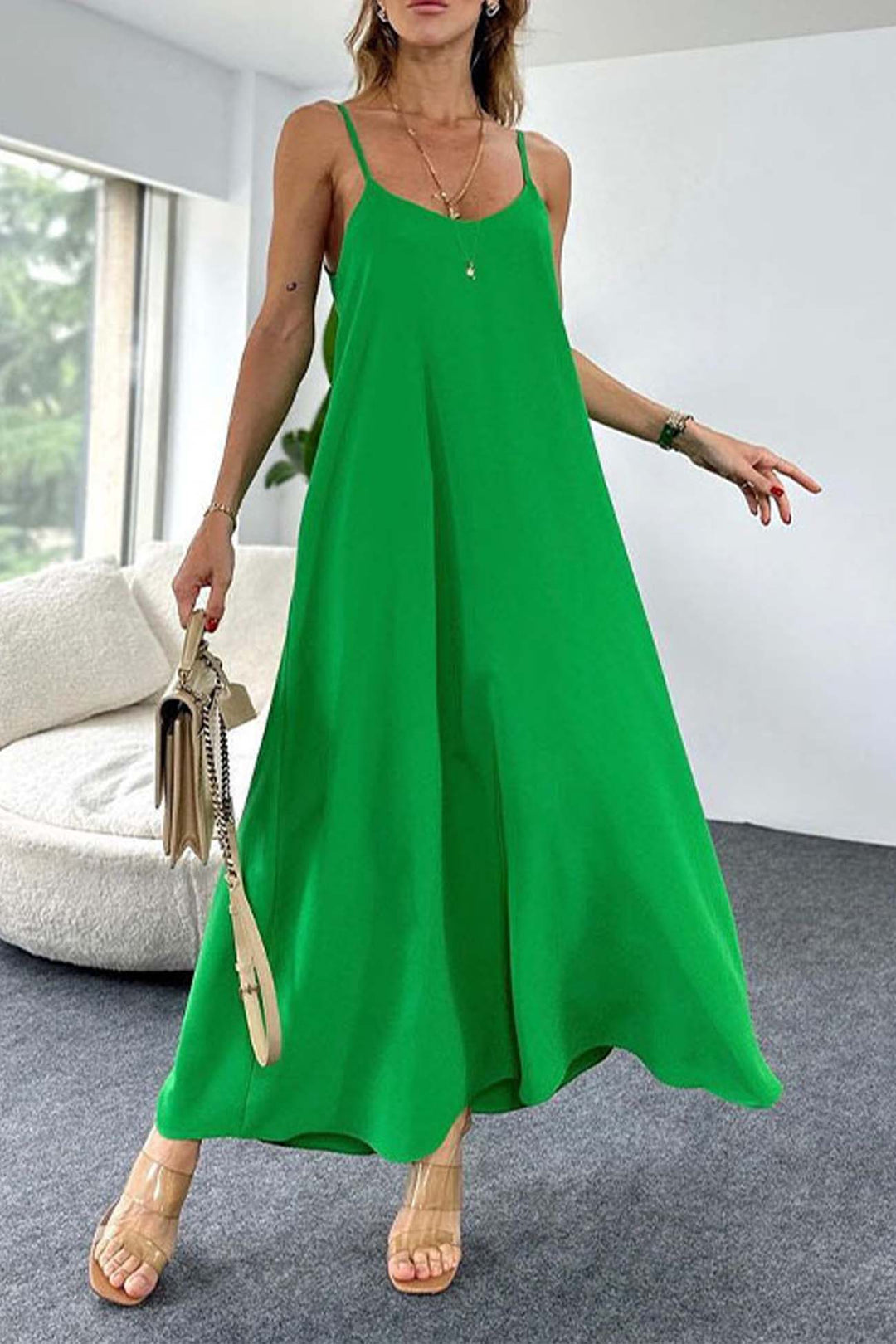 Solid Color A-Line Sleeveless Midi Dress Pink · XL