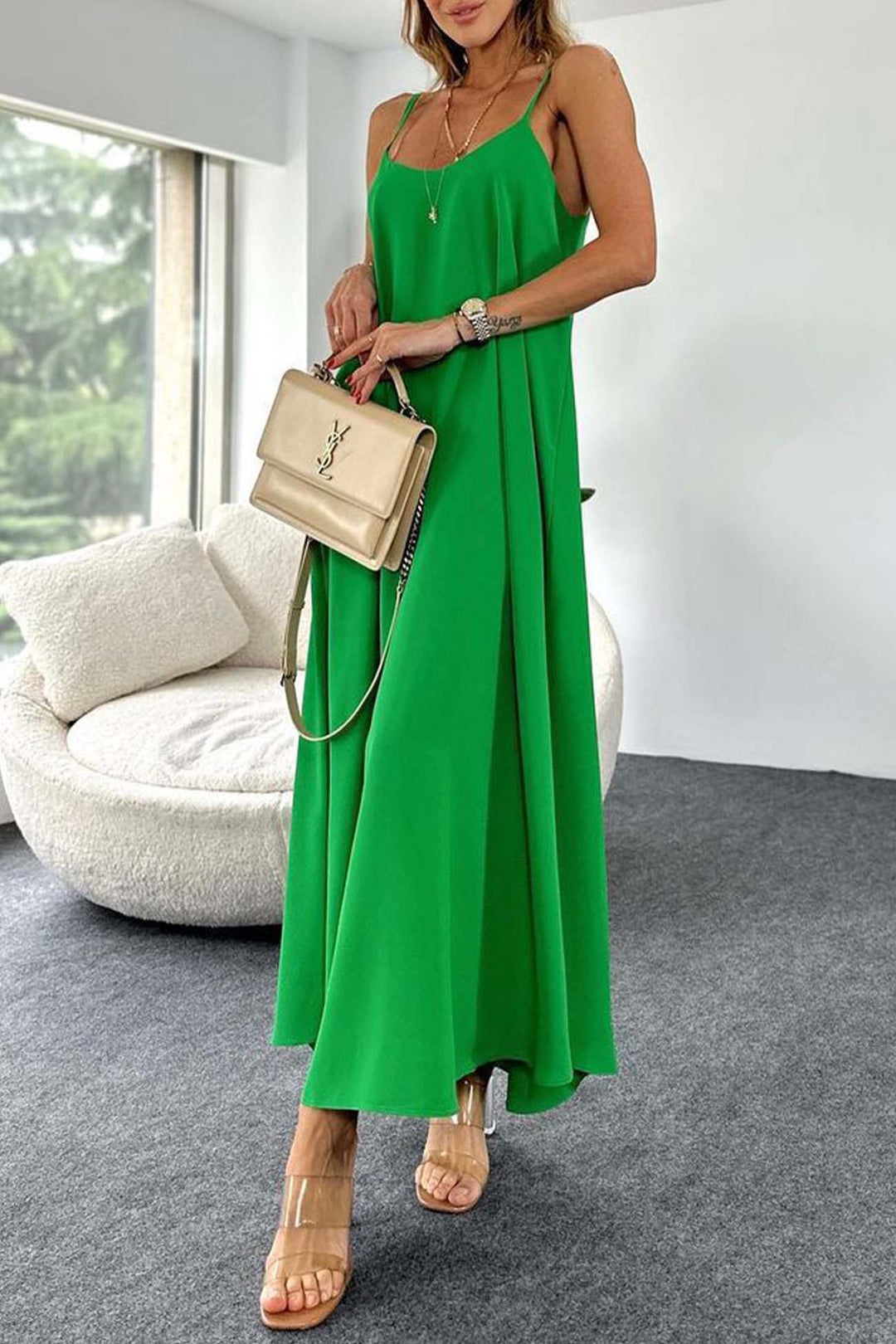 Solid Color A-Line Sleeveless Midi Dress Green · S