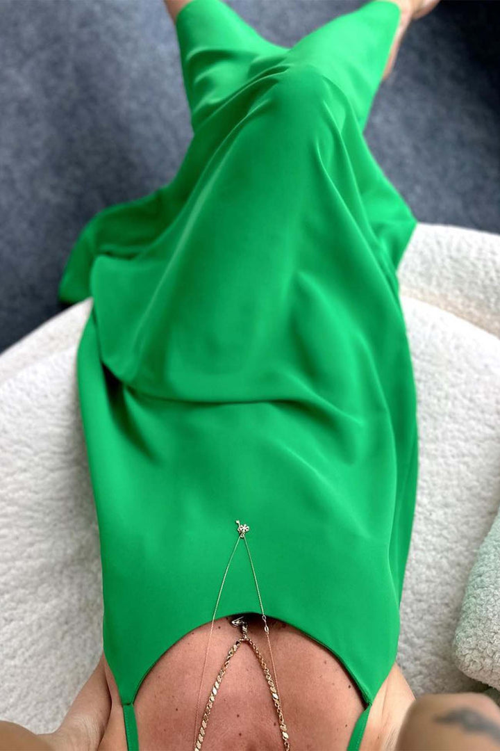Solid Color A-Line Sleeveless Midi Dress Green · M